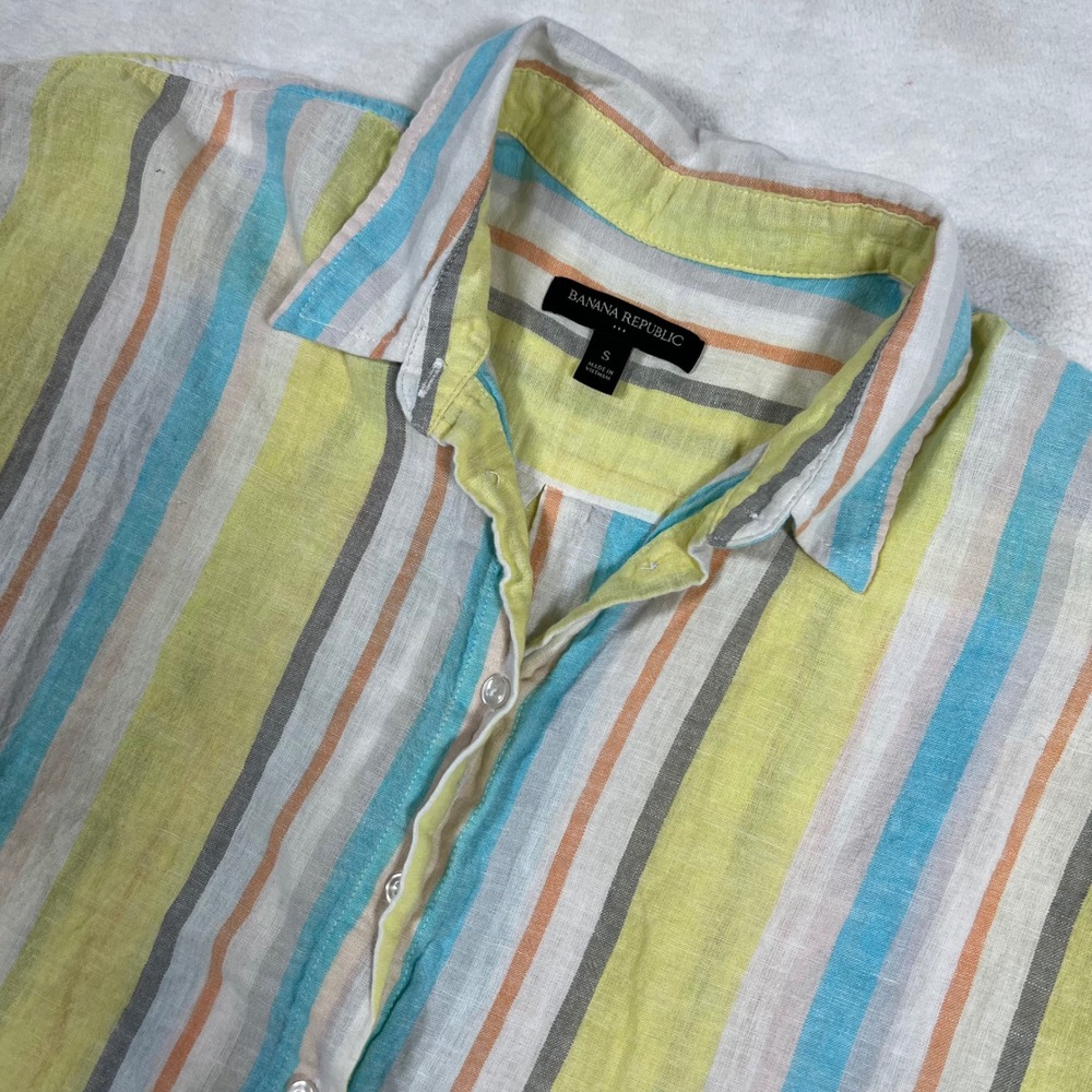 Banana Republic Linen Blend Button Down Striped Top Short Sleeve Size S